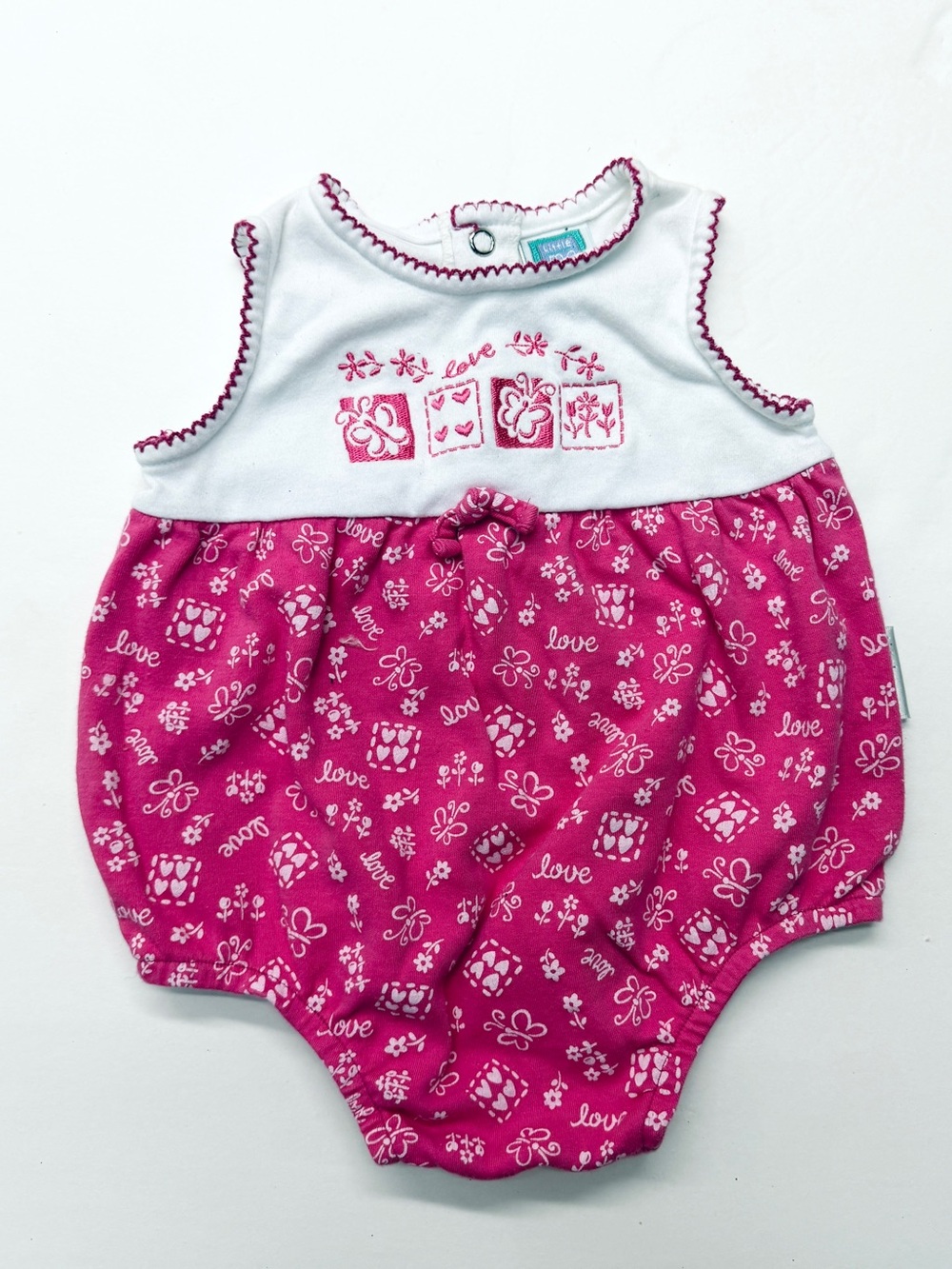 Vintage Y2K Little Me Pink White 'Love’ Bubble Romper One Piece Butterflies